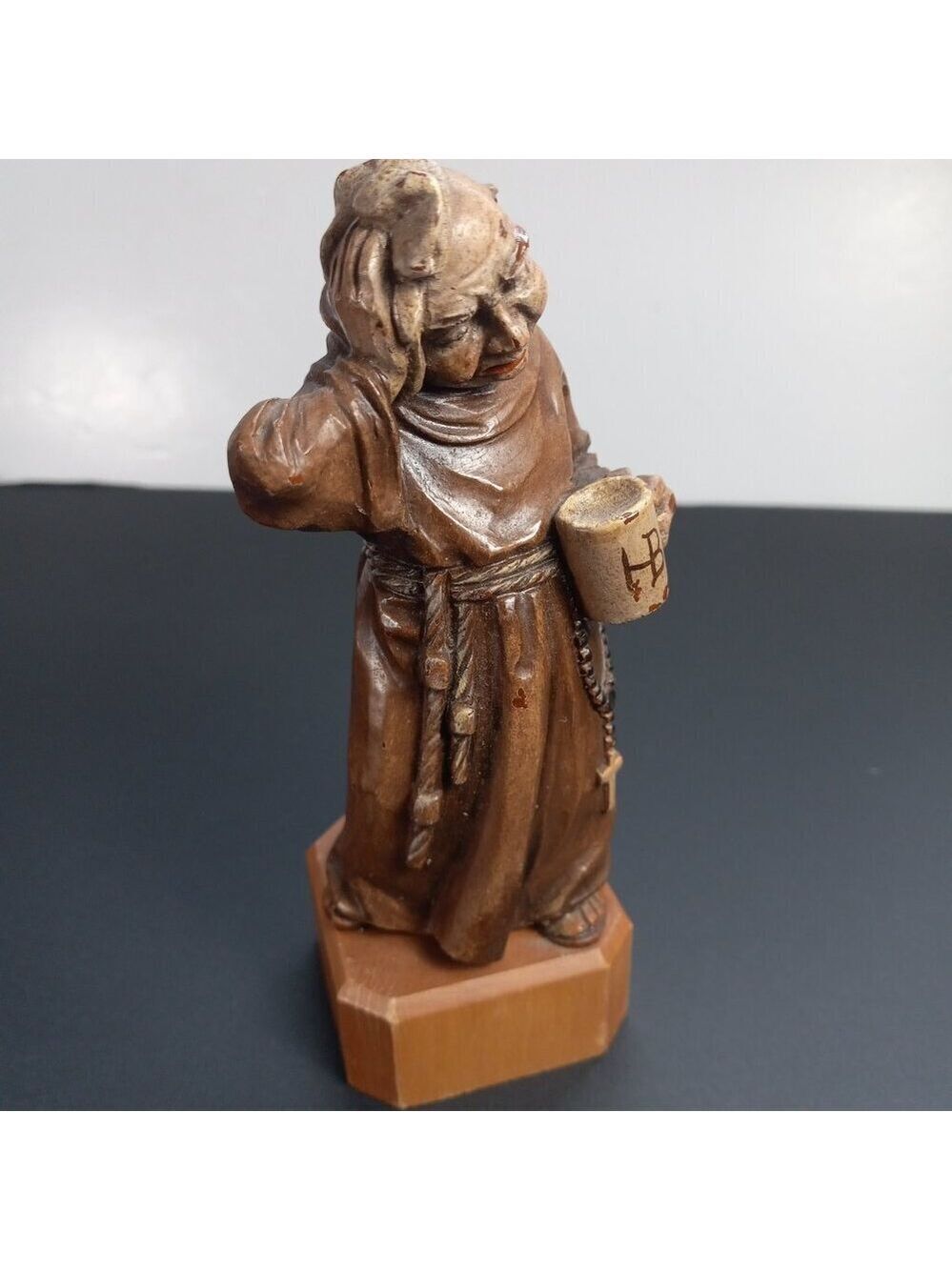 Hungover Monk Figurine Italy Anri Toriart Vintage Resin HB Beer Stein Wood Base